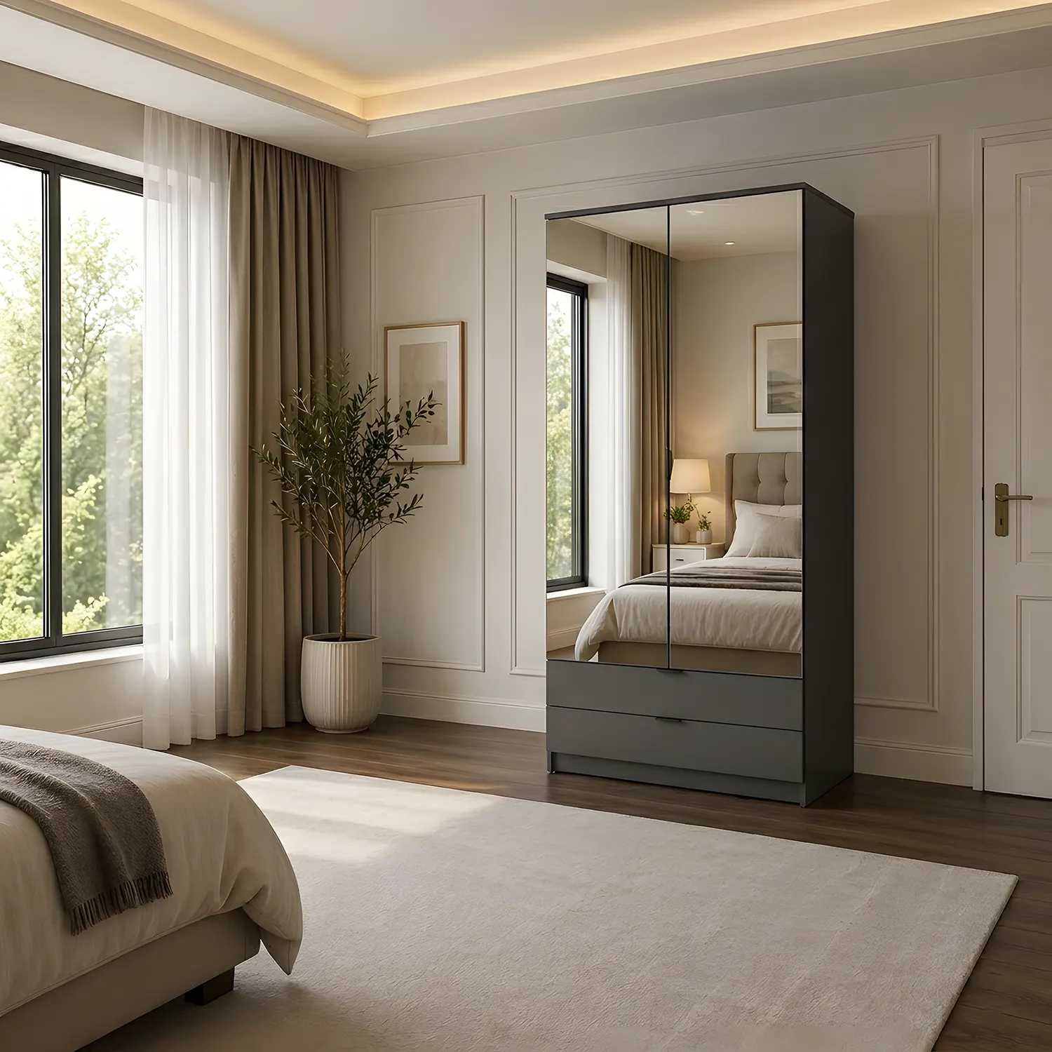 Gents 2 Door Wardrobe with Full Mirrors and 2 Drawers